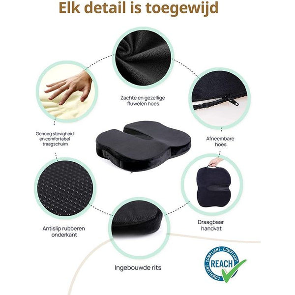 Orthopedisch Zitkussen met Traagschuim, TRAVEL EASE Zitkussen voor Pijn in de Onderrug en Ischias Stuitje - Geschikt voor Bureaustoel, Autostoel, Rolstoel (Zwart)
