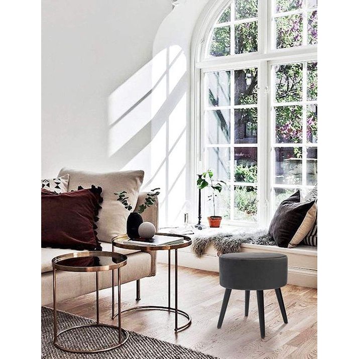 Puff fluwelen kruk, houten poten van fluweel, make-up board, zitkruk, rond, gestoffeerd, poef, kruk, fluweel, voetbank, elegant, voor hal, woonkamer, slaapkamer, Zwart/grijs