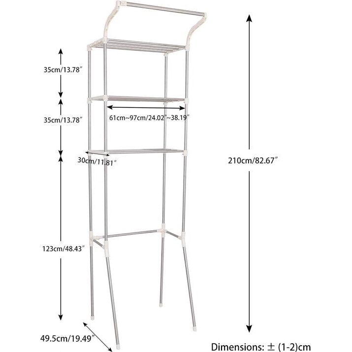 Wasmachineplank, toiletplank met 3 planken, ruimtebesparende badkamerplank, badkamerplank van metaal, badkamertoiletplank, verstelbaar, eenvoudig te monteren, (61-97) x 49,5 x 210 cm, ivoor