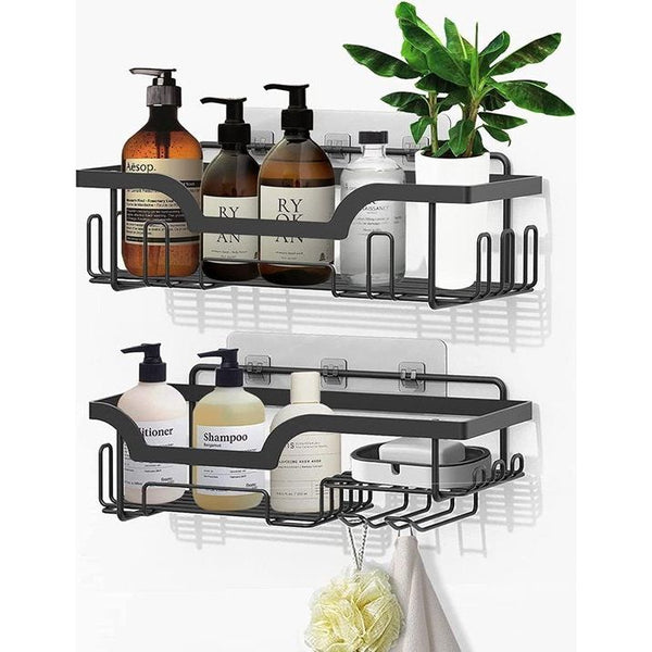 2 stuks doucheplank gezoneerd boren, wandmontage badkamer doucheand met haken, roestvrij staal doucheplank voor shampoo en douchegel, Zwart