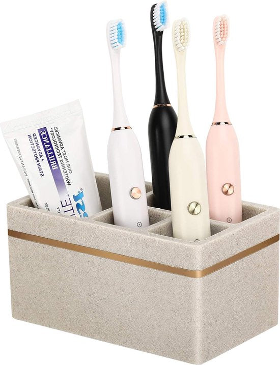 Tandenborstelhouder, 5 vakken, elektrische tandenborstelhouder met afvoergat, tandenborstelstandaard, hars, tandenborstelhouder voor badkamer, tandenborstelhouder voor tandpasta, zand, kaki