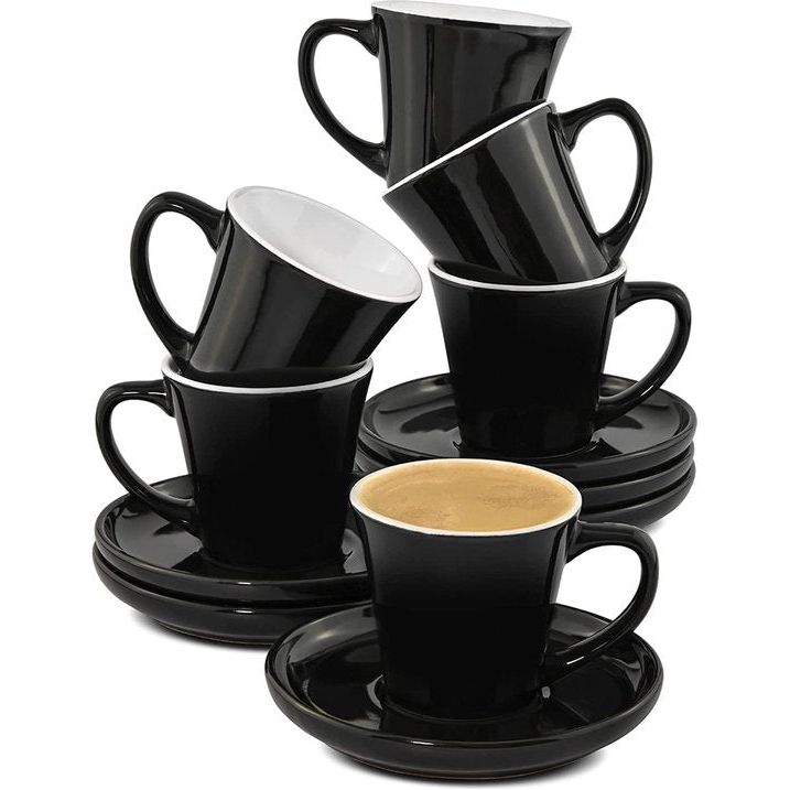 Espresso Kopjes Set van 6 Zwart met schotels - Keramisch - Houdt Lang Warm - Geschenkverpakking - 70ml