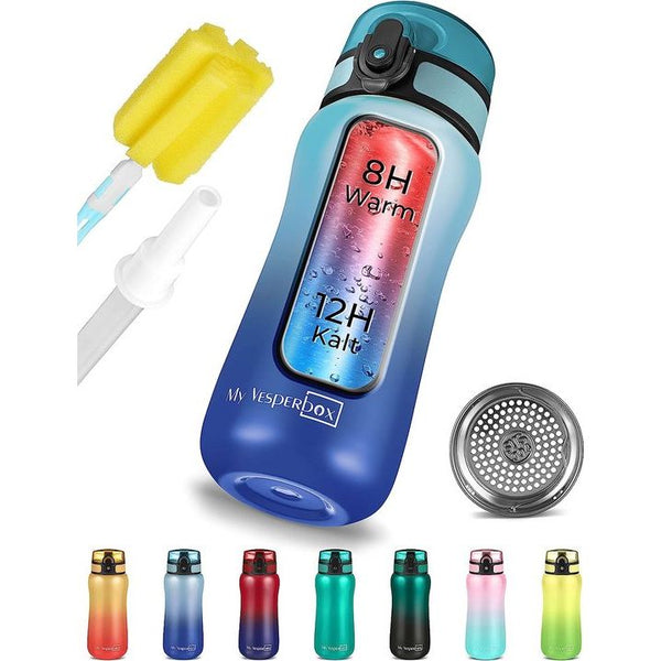 Roestvrij staal Thermos waterfles Lekvrij-met stro of zeef-400ml, 600ml - bpa-vrij-voor kleuterschool ,school (blauw verloop, 400ml)