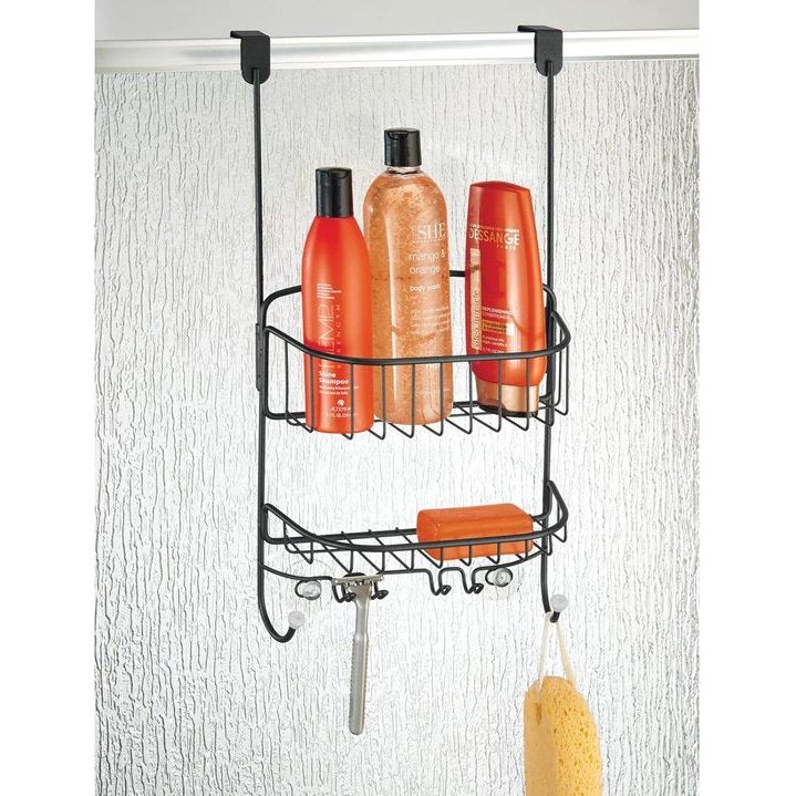 Hangend douchemandje - Praktisch doucherek zonder boren - Metalen badkamerplank met twee brede manden en haken - Zwart