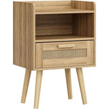 Rotan nachtkastje, bijzettafel met lade, nachtkastje met houten poten voor slaapkamer, woonkamer, natuurlijk eikenhout