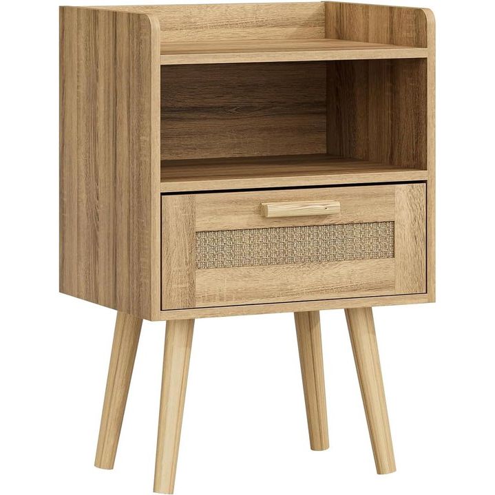 Rotan nachtkastje, bijzettafel met lade, nachtkastje met houten poten voor slaapkamer, woonkamer, natuurlijk eikenhout
