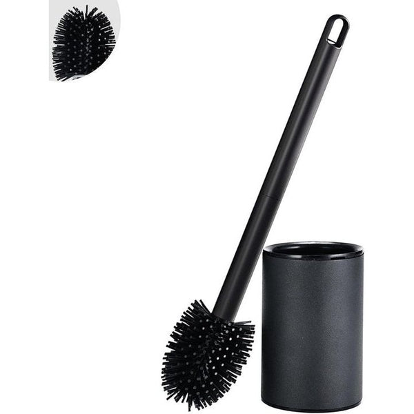 Toiletborstel van siliconen, zwart, met sneldrogende houder, toiletborstel, flexibele wc-borstel, wandmontage, zonder boren, toiletborstel, met houder, wc-garnituur, staand