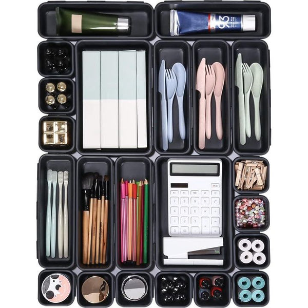 Lade-organizer, 22 stuks, opbergsysteem, opbergdoos voor laden, verstelbare kunststof organizer, keuken, badkamer, kantoor en thuis, scheidingssysteem, kruidenorganizer (donkergrijs)