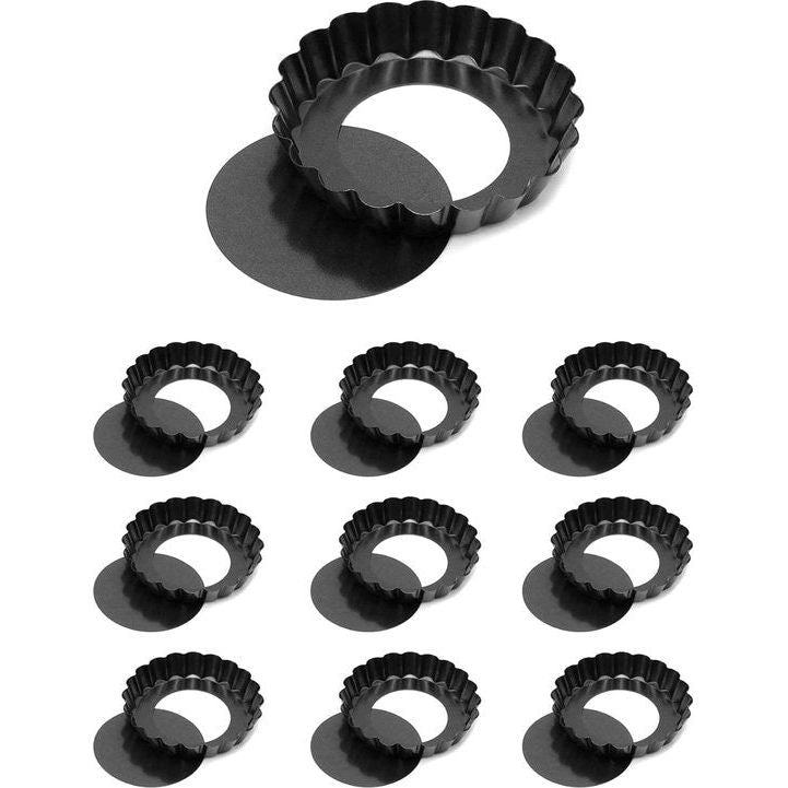 10 stuks taartvormen Ø 10 cm met hefbodem, mini-tartelette vormpjes quichevorm van voedselveilig koolstofstaal met antiaanbaklaag