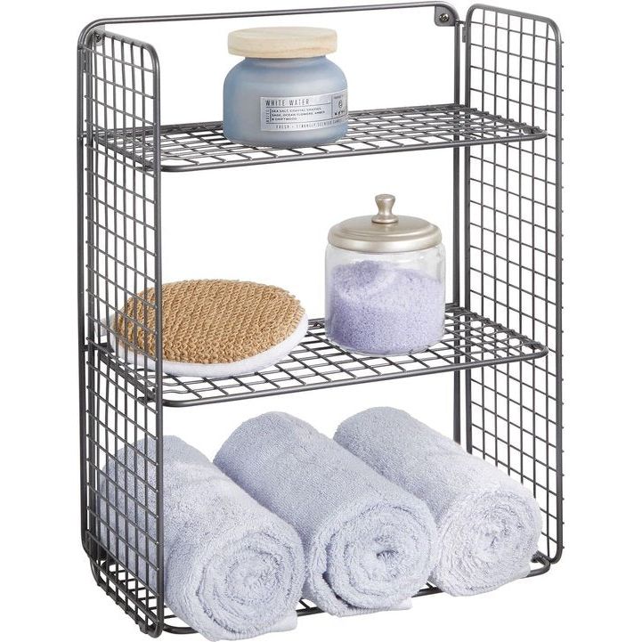 Opvouwbare badkamerplank met 3 niveaus - Praktische ophangplank van metaaldraad voor wandmontage - Draadplank voor badhanddoeken, shampoo enz. - Grijs