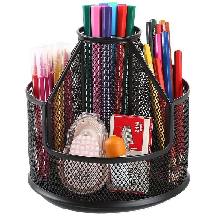 Bureau-organizer, houder voor pennen, dobbelstenen, van draadmetaal, bureau-organizer met penhouder, 5 sorteervakken voor pennen, mapklemmen, zelfklevende notities, multifunctionele accessoires