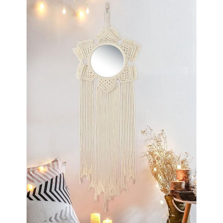 Macramé wanddecoratie, boho-spiegel, rond, dromenvanger voor de slaapkamer, met kwastjes, grote wandversiering, thuis, ornament voor vrouwen en moeders.