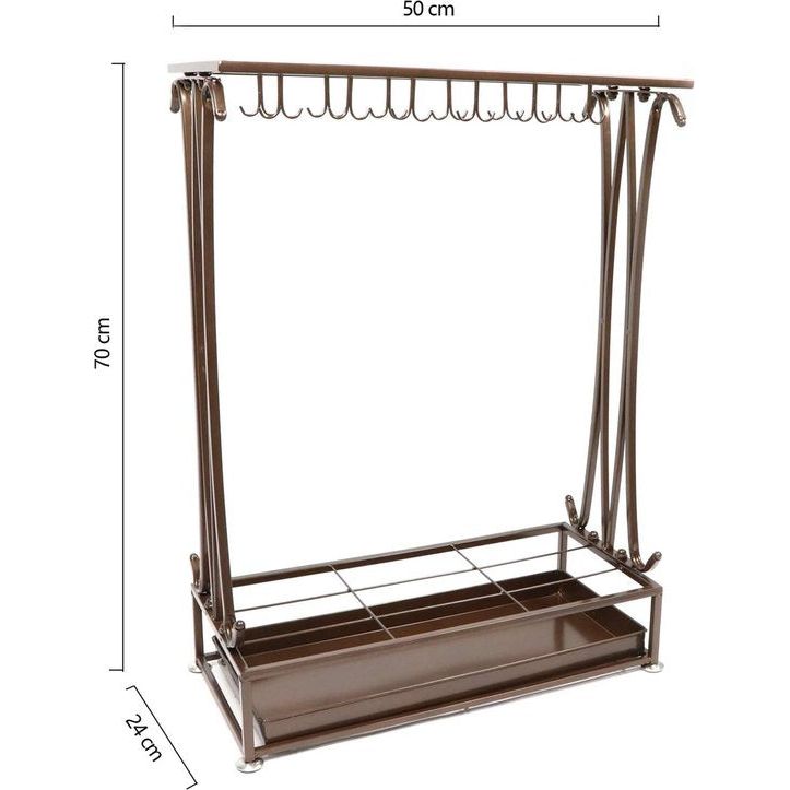 Extra grote bruine metalen 21-gaats rechthoekige paraplubak met 24 haken en gratis regenwaterbak 70 x 50 x 24 cm