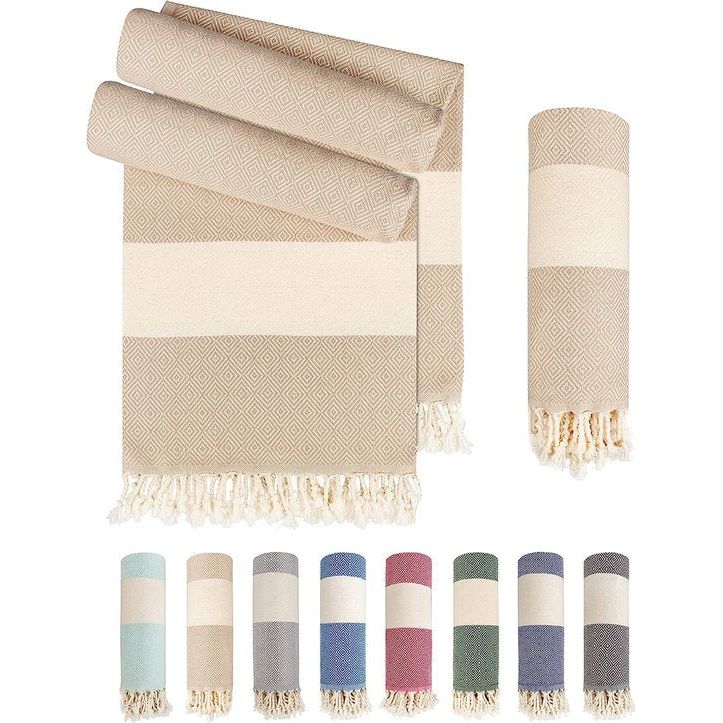 Set van 2 premium hamamdoeken met handgeknoopte franjes - 100% katoen - XXL strandhanddoek 95x180 cm - Oeko Tex 100 - strandhanddoek geruit patroon groot - reishanddoek & saunahanddoek (beige)