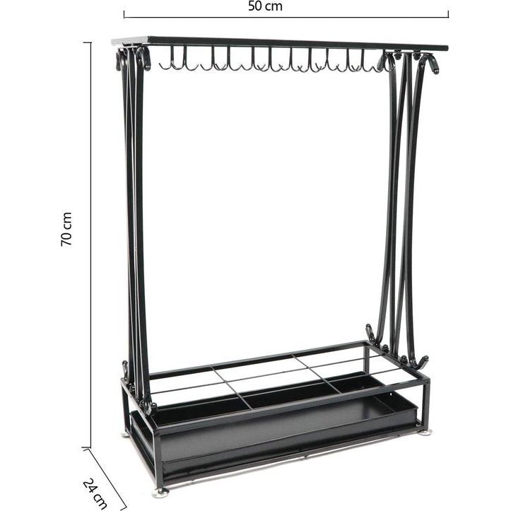 Extra grote zwarte metalen 21 gaten rechthoekige paraplubak wandelstokhouder met 24 haken en een doorzichtige bodem regenwaterlekbak 70*50*24cm