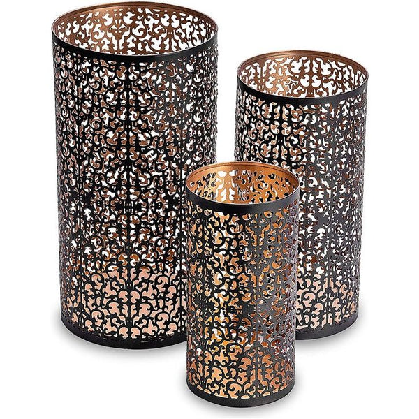 ZEYA XL lantaarn zwart goud metaal, 30 + 25 + 20 cm, set van 3, oosterse lantaarns, lantaarn ornament als aantrekkelijke decoratie woonkamer grote kandelaar, uniek cadeau voor Kerstmis