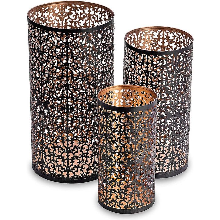 ZEYA XL lantaarn zwart goud metaal, 30 + 25 + 20 cm, set van 3, oosterse lantaarns, lantaarn ornament als aantrekkelijke decoratie woonkamer grote kandelaar, uniek cadeau voor Kerstmis