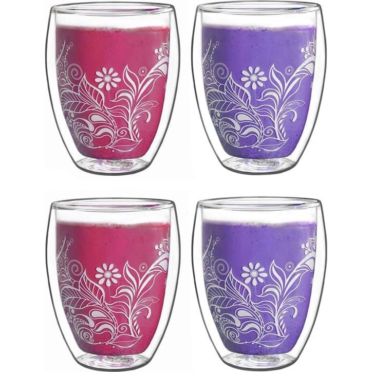 Dubbelwandige glazen 250 ml Flowery White - thermoglas met decor - dubbelwandige glazen in set van 4