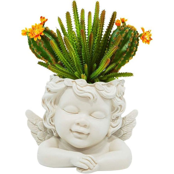 Plantenpot, 15 cm, engelkop, plat oppervlak, bloemenhouder, vaas, hars, pop, gezicht, plantenbak, vetplanten, container, pot met drainagegat voor thuis decoratie, middenstukken