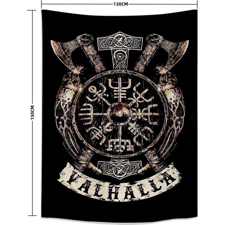Viking decoratief wandtapijt Vegvisir assen hamer Valhalla muur doek Scandinavische mythologie Fathurk wandbehang Gothic esthetisch decoratief tapijt klein zwart 150 x130cm