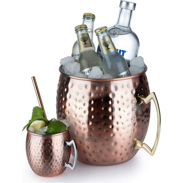 Moscow Mule flessenkoeler, 5 liter volume, hoogwaardige roestvrijstalen koeler, geschikt voor levensmiddelen, hamerslag-effect, reusachtige cocktailmok, gehamerd koper, koper, antiek koper, 1 stuk