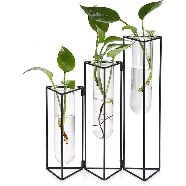 Bloemenvaas van glas en metaal, 3 roosters, reageerbuizen, plantenhouder, glazen vaas voor thuis, café, kamer, tafel, feest, bruiloft, decoratie (zwart)