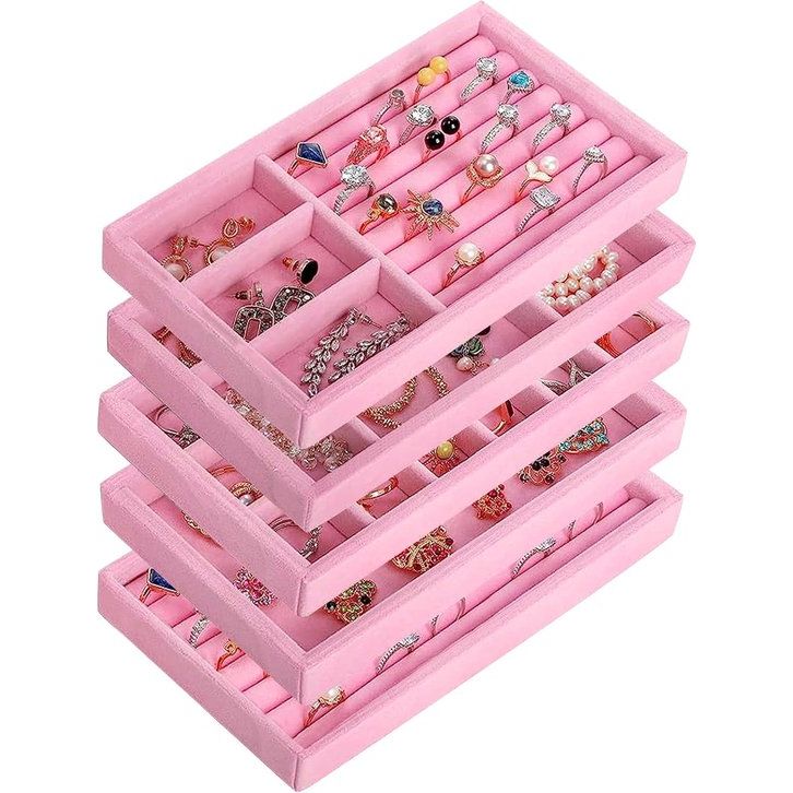 Set van 5 stapelbare, veelzijdige roze fluwelen sieradenorganizers, 21 x 12 x 2,4 cm, perfect voor oorbellen, halskettingen, armbanden en ringen, sieradenkistjes