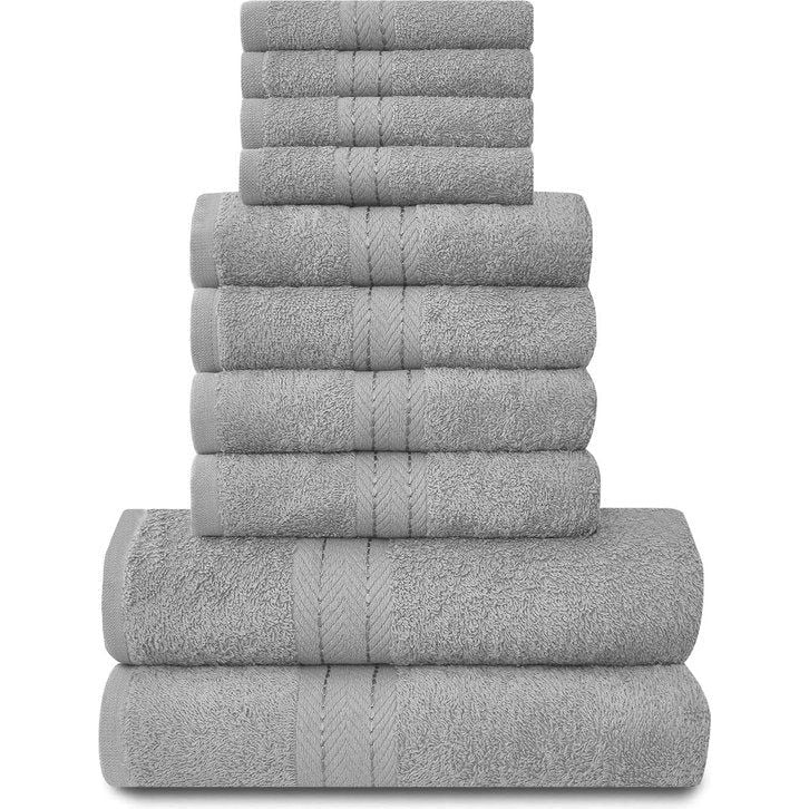 Familiehanddoeken, 10-delige set, 100% Egyptisch katoen, 4x gezicht, 4x hand, 2x badhanddoek, premium kwaliteit, zeer waterabsorberende badkameraccessoires, machinewasbaar, zilver