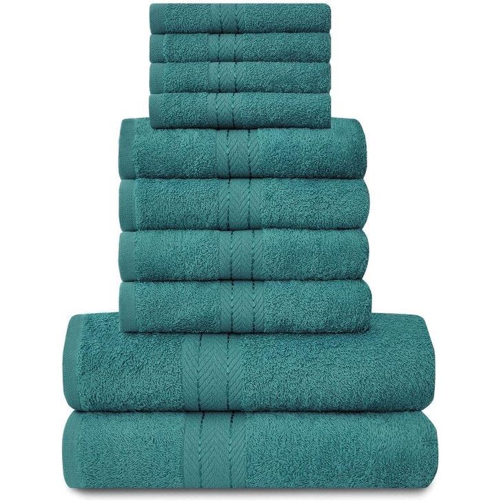 Familiehanddoeken, 10-delige set, 100% Egyptisch katoen, 4x gezicht, 4x hand, 2x badhanddoek, hoog waterabsorberende badaccessoires, machinewasbaar, blauwgroen