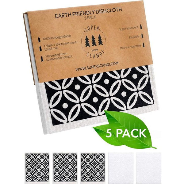 sponsreinigingsdoekjes, wit op zwart, 5 stuks (3 patronen, 2 wit), milieuvriendelijk, herbruikbaar, duurzaam, biologisch afbreekbaar
