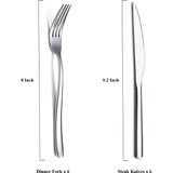 Bestekset, 12-delig, premium roestvrij staal, 6 tafelvorken en 6 tafelmessenset, steakmessen, steakvorken voor 6 personen, hoogglans gepolijst, vaatwasmachinebestendig (glanzend zilver)