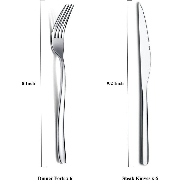 Bestekset, 12-delig, premium roestvrij staal, 6 tafelvorken en 6 tafelmessenset, steakmessen, steakvorken voor 6 personen, hoogglans gepolijst, vaatwasmachinebestendig (glanzend zilver)