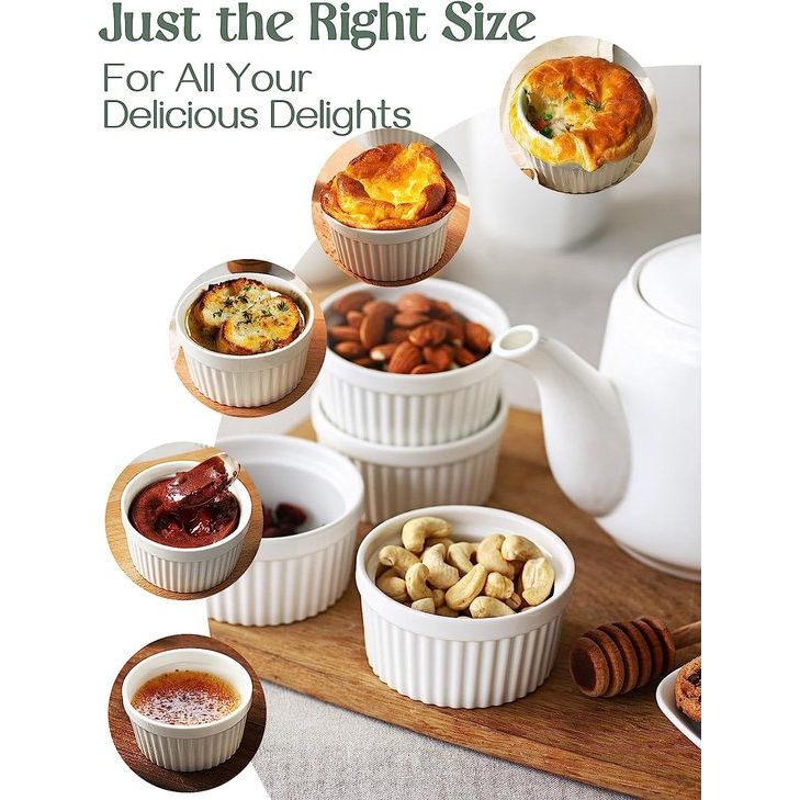 Creme Brulee Kommen 6 Set, 120 ml Non-stick Gecoate Soufflé Ramekins, Ovenvaste Souffle Ramekins, Ragout Fin Bowls, Ovenvaste Creme Brulee Kommen, Porselein Ramekins 8.9X4.4cm/Wit
