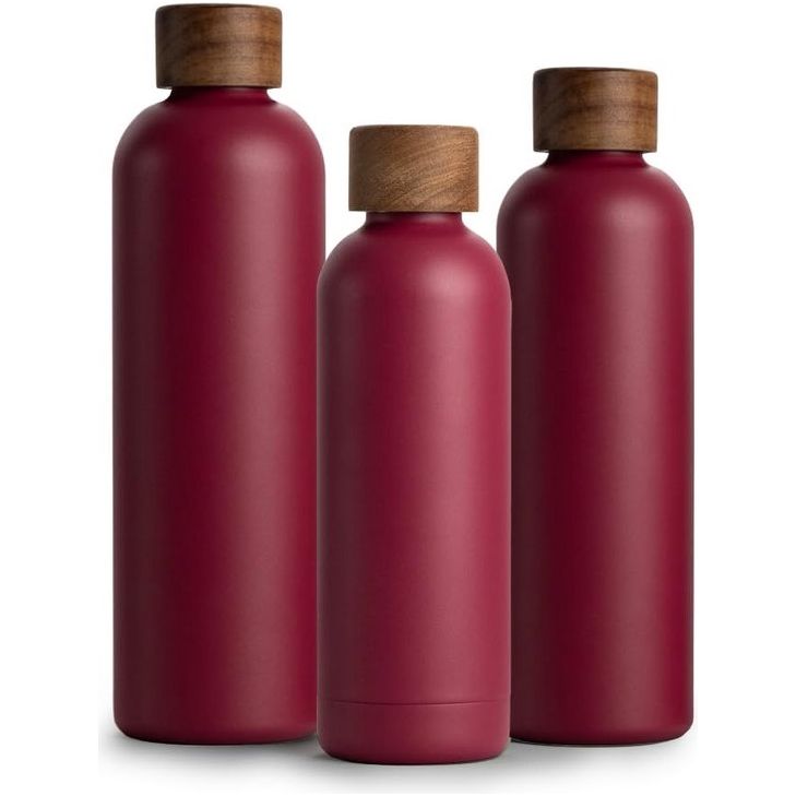 Roestvrijstalen drinkfles, 500 ml, thermosfles 0,5 l met acaciahouten deksel, geïsoleerde waterfles, lekvrij bij koolzuur, thermosfles 500 ml, Berry Red