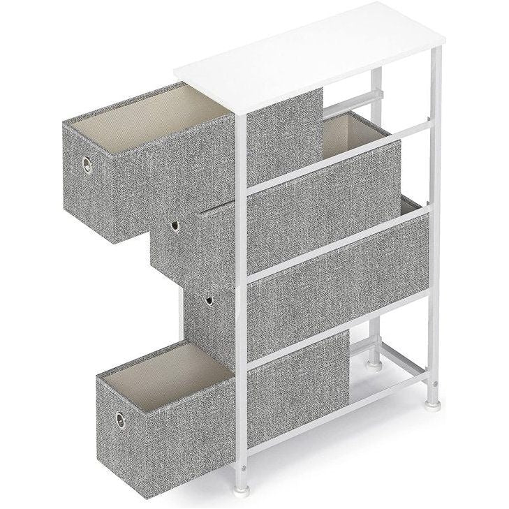 Kast, smalle commode met 4 laden van stof, kasten, organizer, metaal, smal opbergsysteem, ruimtebesparend voor woonkamer, slaapkamer, kantoor, keuken, slaapzaal, hout, staal, wit en grijs