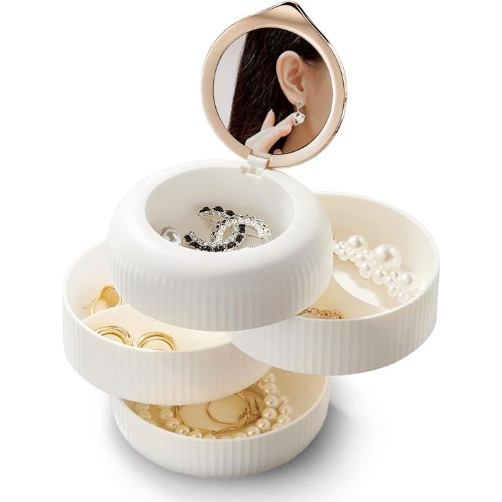 Sieradendoos, draaibaar sieradenopberger met spiegel, 4 niveaus, lichtbestendige sieradendoos voor ringen, oorbellen, armbanden, kettingen