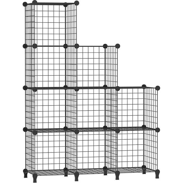 9 Plank Draadkubus Stapelbare Plankkubus DIY Metalen Rooster Plank Kubus Boekenplank Kubus Plank met Deuren voor Woonkamer, Slaapkamer, Badkamer Zwart