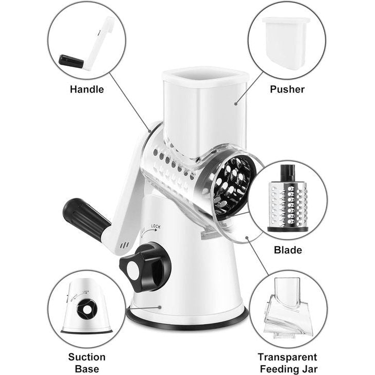 Cheese grater with handle, vegetable slicer with 3 interchangeable drum blades, kitchen grater for quick cutting, drum grater suitable for vegetables, fruits, etc.