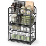 Keukenkast organizer, set van 2, keukenrek, opbergsysteem, 2 niveaus, stapelbaar, uitbreidbaar, met metalen manden, voor keuken, klassiek zwart