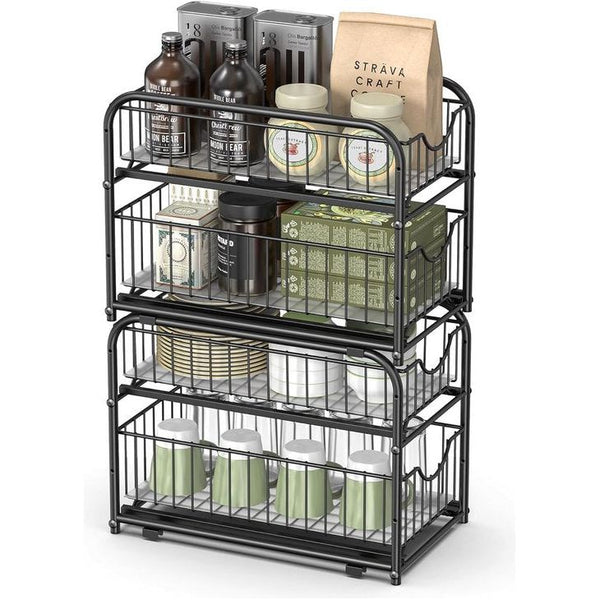 Keukenkast organizer, set van 2, keukenrek, opbergsysteem, 2 niveaus, stapelbaar, uitbreidbaar, met metalen manden, voor keuken, klassiek zwart