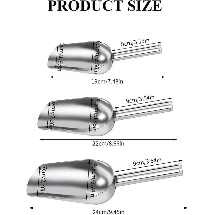 3 × multifunctionele schop van roestvrij staal, keukenschep, voederschep voor dieren, snoepschep, meelschep, voor bruiloft, keuken, buffet, onbreekbaar