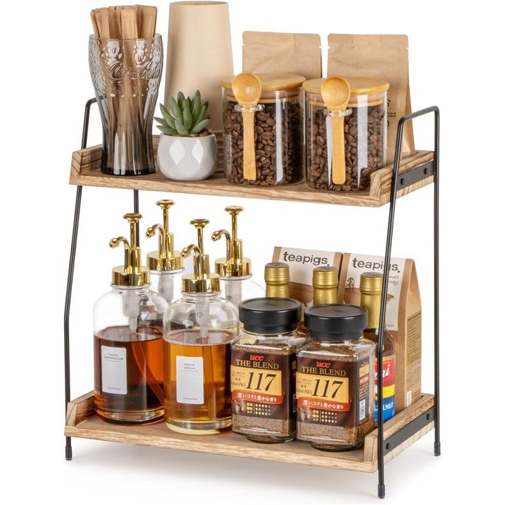 Koffie-organizer, koffiebar-accessoires organisator hout, koffie-opslag voor koffiestation, werkbladen kruidenrek voor keuken, 2-laags koffiecaddy voor keuken, thuis, kantoor - bruin