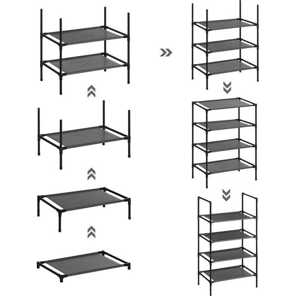 Schoenenrek, 4 niveaus, schoenenopslag, smal, 28 x 45 x 80 cm, metalen frame, planken van vliesstof, voor hal, slaapkamer, zwart