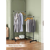 Kledingrek met wieltjes, kapstok met schoenenrek, 2 kledingstangen 1 in hoogte verstelbaar, L-vormig en recht verstelbaar, van metaal, zwart