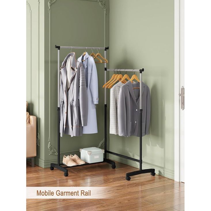 Kledingrek met wieltjes, kapstok met schoenenrek, 2 kledingstangen 1 in hoogte verstelbaar, L-vormig en recht verstelbaar, van metaal, zwart