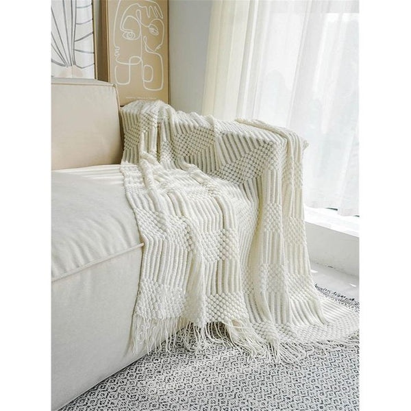 Sprei, woondeken, boho, deken, zacht gebreide deken, omkeerbaar, bankdeken, sprei, deken, beige, 130 x 200 cm