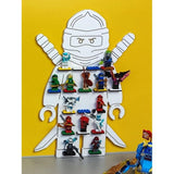 Wit opbergrek voor minifiguren, kindershowbox, rekken vanaf 3 jaar, geïnspireerd op Ninja Ideas. Houten wandrek voor 17 figuren
