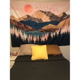 Wandtapijt Bos Boom Bergen Wandtapijt Doek Zonsondergang Wanddoek Muurophanging Landschap Zon Decoratie voor Kinderkamer 150 x 130 cm