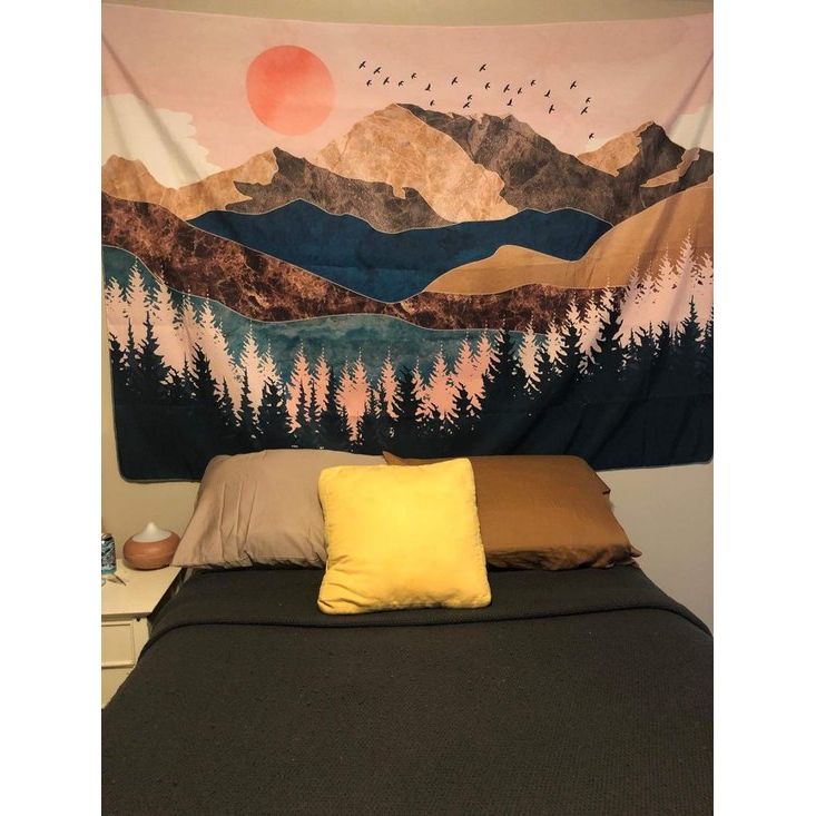 Wandtapijt Bos Boom Bergen Wandtapijt Doek Zonsondergang Wanddoek Muurophanging Landschap Zon Decoratie voor Kinderkamer 150 x 130 cm