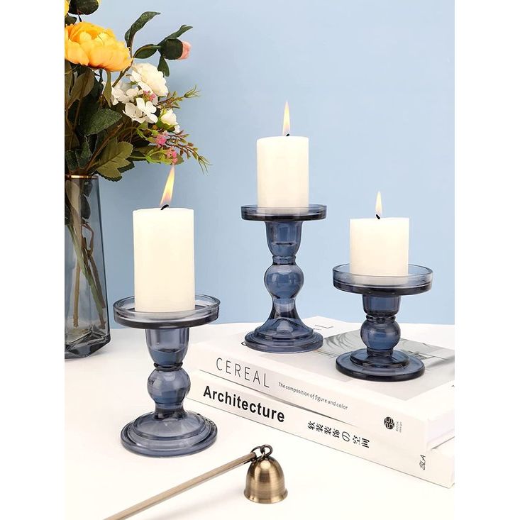 3 stuks kristalheldere kandelaars in verschillende afmetingen, elegante tafeldecoratie, theelichthouder voor romantisch diner, bruiloft, Kerstmis, verjaardag, blauw